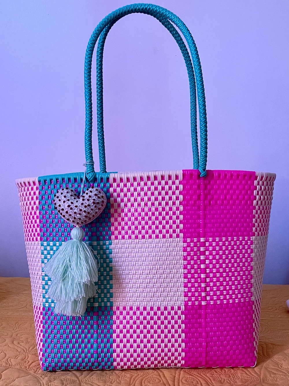 Handwoven Pink, Teal & Cream Check Tote with Tassel Accent